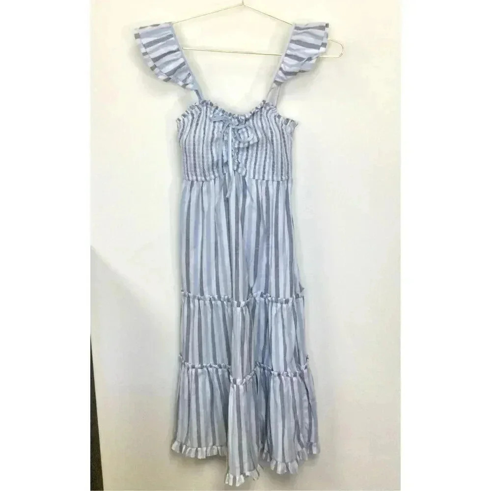 Planet Gold Womens XS Sleeveless Tiered Midi Dress Blue Stripe Ruffles Smocked